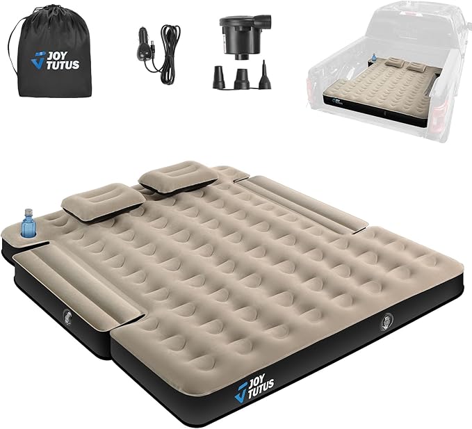 JOYTUTUS Truck Bed Air Mattress for 6.0-6.3Ft, Compact Regular Truck Beds,Anti-Leakage, with Air Pump&2 Pillows, Inflatable Pickup Mattress,Compatible with Tacoma&Ranger&Frontier,Camel&Black