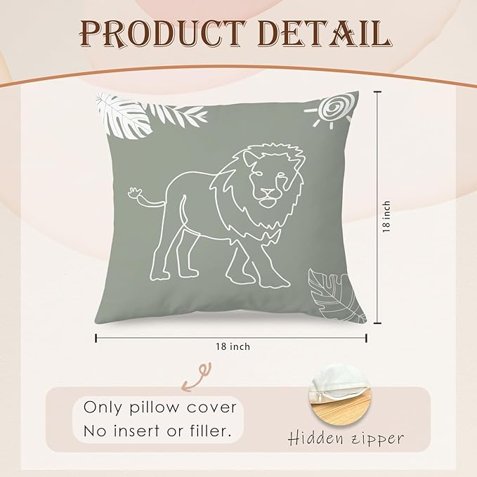SPBL&L Woodland Animals Nursery Pillow Covers 18x18, Cute Cartoon Tiger Lion Giraffe Elephant Decorative Pillow Covers for Nursery Kids Room Playroom Classroom Decor, Jungle Nursery Decor, Set of 4