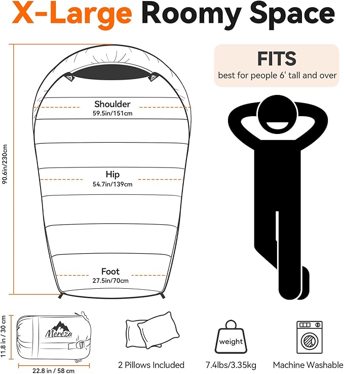 MEREZA Mummy Double Sleeping Bag for Adults with Pillow Cold Weather 0 Degree 2 Person Sleeping Bag for Big Tall Mens Couples Family Camping