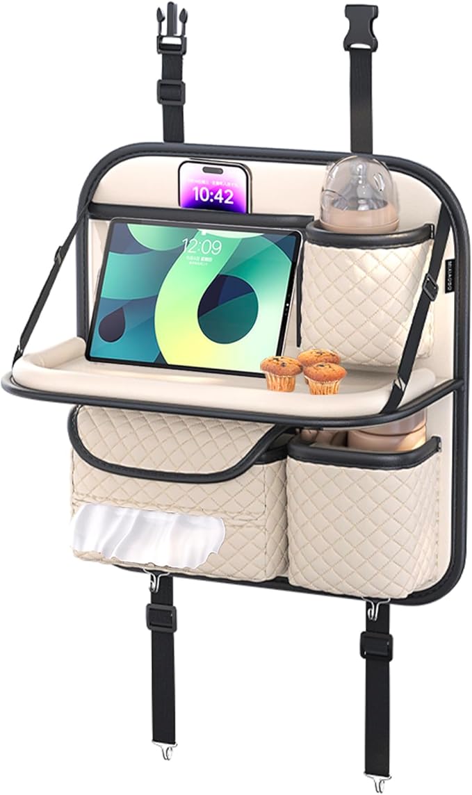 Leather Backseat Car Organizer with Tray & Cup Holder - Car Seat Organizer for Kids, Women, Road Trip Essentials for SUVs, Trucks and Cars (Beige)