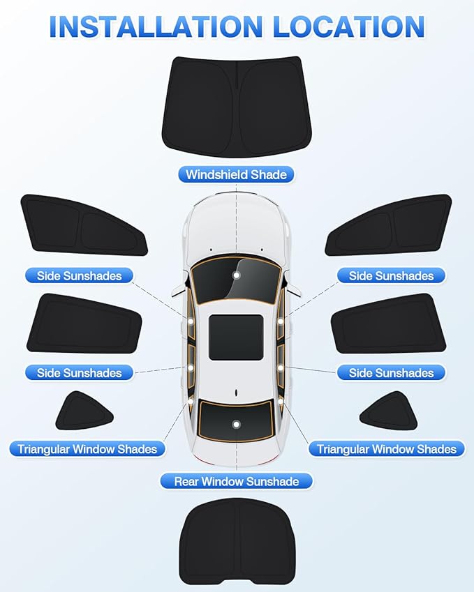 Canvcle Windshield Sun Shade for Tesla Model Y 2020-2024 Accessories Side Rear Window Shade Cover Set Window Sun Visor Blocker Privacy Cover for Camping Keep Vehicle Cool Black 8PCS (Not for Juniper)