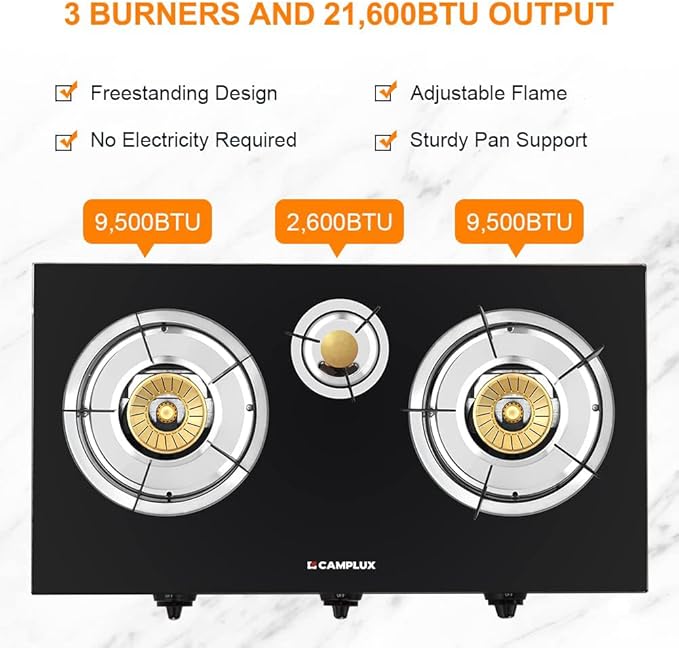 Camplux Propane Gas Stove with 21,600BTU, 3 Burners Propane Stove, Tempered Glass Camping Cooking Stove