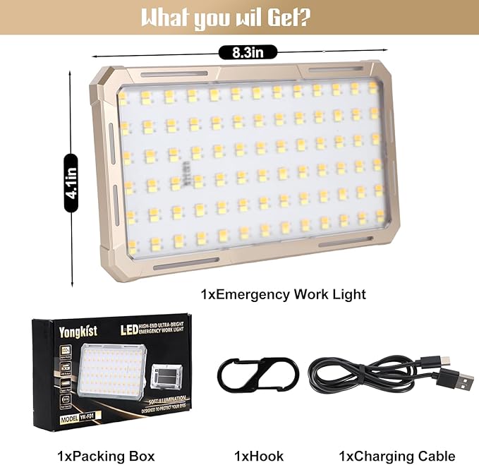Solar Rechargeable Work Light with Power Bank & Battery Indicator, 178 LED Portable Flood Light with Magnetic Base, 4 Modes IP44 Waterproof Job Site Lamp for Camping, Fishing, Car Repair (Gold Body)