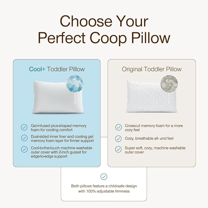 Coop Home Goods Cool+ Adjustable Cooling Toddler Pillow, 13x19, Cooling Gel Memory Foam Kids Pillow for Ages 2+, Customizable Loft, Breathable, Washable Cover, Childproof Zipper, Small Cooling Pillow