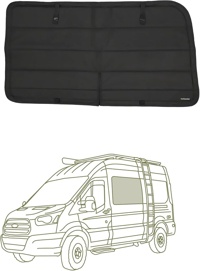 VanEssential Insulated Stealth Blackout Window Cover Designed for Ford Transit High/Medium Roof Full Plastic Trim Crew Window (Van Years 2015 - Current) - Black