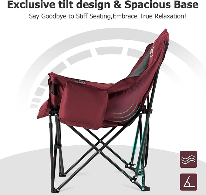 Overmont Oversized XL Camping Chair for Adults - 400lbs Support Heavy-Duty Padded Folding Chair with Side Pocket Cup Holder Cooling Bag for Outdoor Sports Garden Beach Fishing Lawn Red 2pcs
