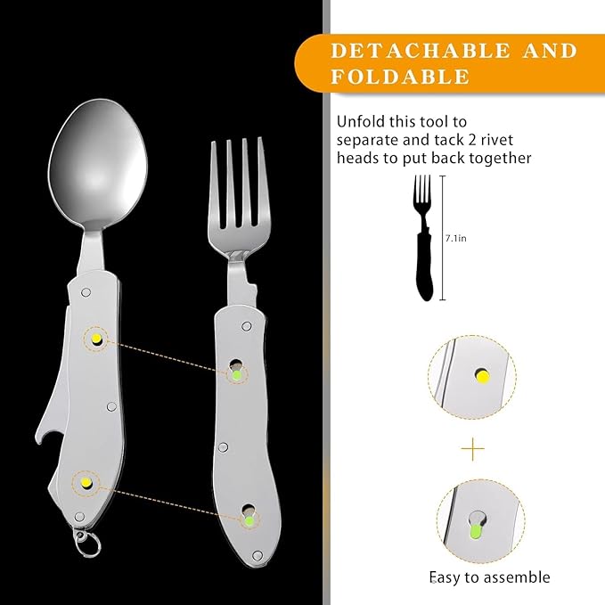 Camping Flatware, Stainless Steel Spoon Fork Knife Bottle Opener 4-in-1 Combo Utensil, Detachable Foldable Cutlery Set for Backpacking Hiking Fishing Scouting - Black