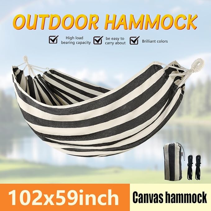 Cotton Canvas Hammock, Comfortable Fabric Camping Hammock with Tree Straps, Up to 440lbs with Travel Bag for Camping Outdoor/Indoor Patio Backyard(Black&White, Without bar)