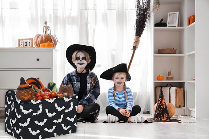 Essme Rectangular Kids Basket,Bat Storage Basket with Handles for Room Decor, Halloween Baskets,Cute Storage Bin(Bat)