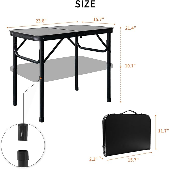 2FT Small Camping Portable Table, Black Aluminum Frame, Adjustable Height up to 21", Lightweight Carry Handle, Portable for Travel, Camping Outdoor Use