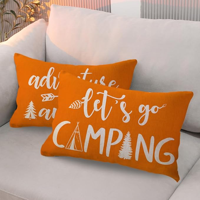 Adventure Camper Decorative Lumbar Pillowcase Double-sided Let’s Go Camping/Adventure Awaits Throw Pillow Covers Cabin/Camper Cushion Covers 12x20,2Pack for Sofa/Couch/Porch (Orange)