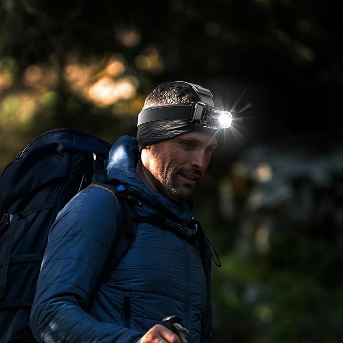 Rechargeable LED Headlamp, 6 Light Modes with Red & Blue Strobe, Zoomable Beam, 90° Adjustable Waterproof Headlamp for Camping, Hiking, Fishing, Outdoor Work
