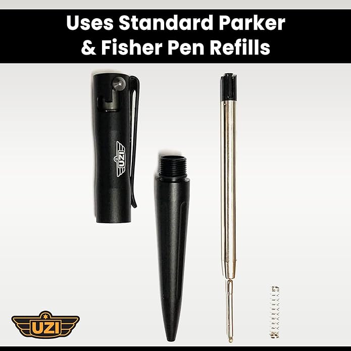 UZI Tactical (UZI-TACPEN2-BK) Aircraft Aluminum Multitool Pen | Self Survival Gear, Window Breaker, Real Ballpoint, Military and Police EDC Pen | Great Gift for Men | Unique Pens | Black