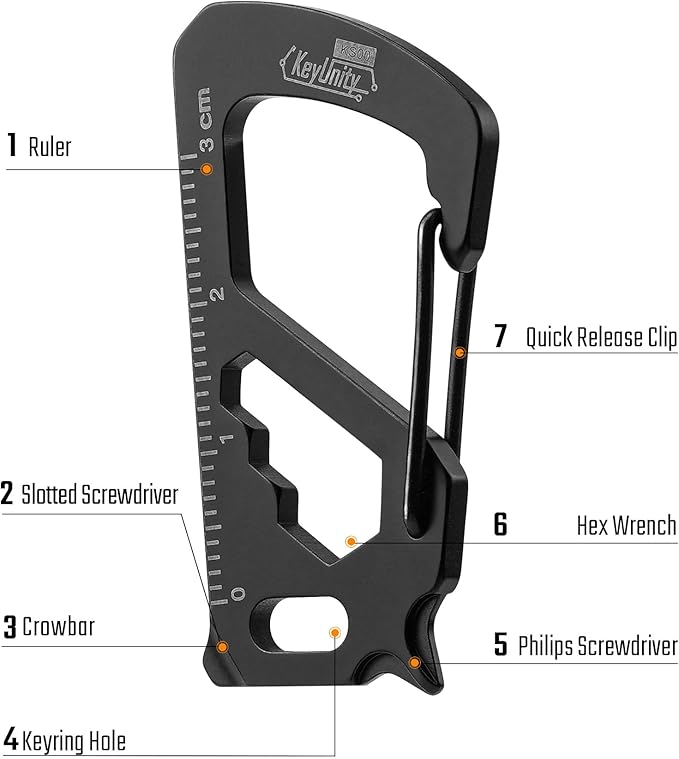 KeyUnity KS00S Carabiner Clip Multitool Stainless Steel 7 Tools in 1, Quick Release Clasp, Wrench, Cross Screwdriver, Slotted Screwdriver, Bottle Opener, Ruler, Key Holder (PVD Black,Small)