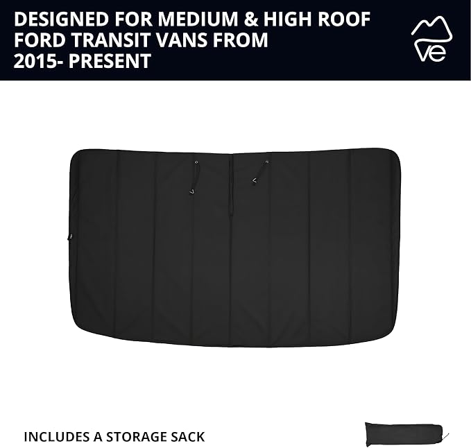 VanEssential Insulated Stealth Blackout Window Cover Designed for Ford Transit High/Medium Roof Front Windshield - Black