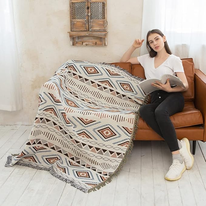 Lqprom Boho Throw Blankets Knit Bed Blankets with Tassel Aztec Western Throws Cover Farmhouse Decor for All Season Sofa Couch Chair Outdoor Camping Picnic Tent Beach Car Traveling 71"x91"