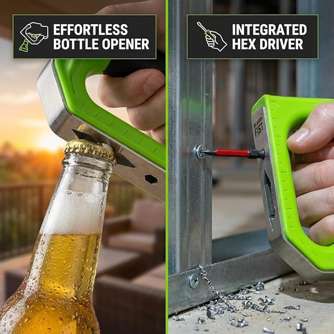 Hammer Fist 8-in-1 Multitool - Heavy Duty Stainless Steel Palm Hammer & Nail Puller, Non-Marring Mallet, Hex Driver, Ruler, Square & Bottle Opener - Compact EDC Survival Gear & DIY Hand Tool (Green)