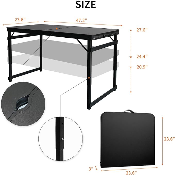 4FT x 2FT Folding Camping Table Adjustable Height with Umbrella Hole, Aluminum Alloy Legs Foldable Portable Outdoor Table for Picnic, Travel, Parties, Kids Craft, Market Vendor Use