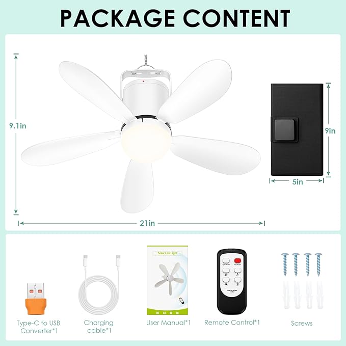 21” Solar Ceiling Fan Light, Foldable Solar Panel Portable Gazebo Fan with Remote, Wireless Battery Operated Ceiling Fan Light Outdoor, for Camping RVs Tent Patio Canopy Chicken Coop Outside