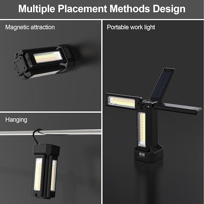 iodoo 13200mAh Rechargeable Solar Work Light with Remote and Portable Carrying Bag, 8000 Lumen Stepless Dimmable, 4 Lighting Modes, White/Warm/Nature/SOS for Outdoor Camping Car Work Emergency Light