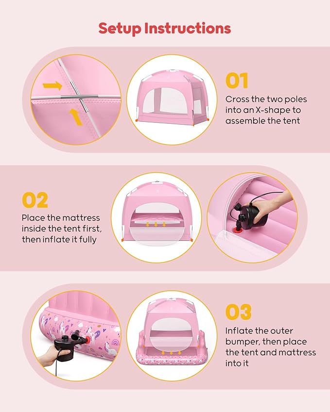QPAU Princess Inflatable Toddler Bed with Tent, Blow Up Toddler Travel Bed with Sides, Portable Kids Air Mattress for Girls, Ideal for Home, Grandma’s, Camping & Sleepovers – Includes Electric Pump