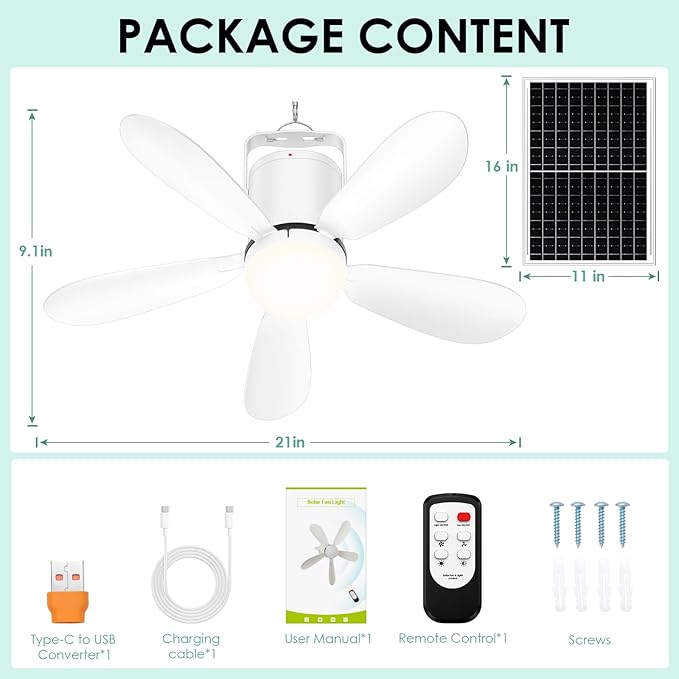 21” Solar Ceiling Fan Light, 30W Solar Powered Portable Gazebo Fan with Remote, Wireless Battery Operated Ceiling Fan Light Outdoor, for Camping RVs Tent Patio Canopy Chicken Coop Outside
