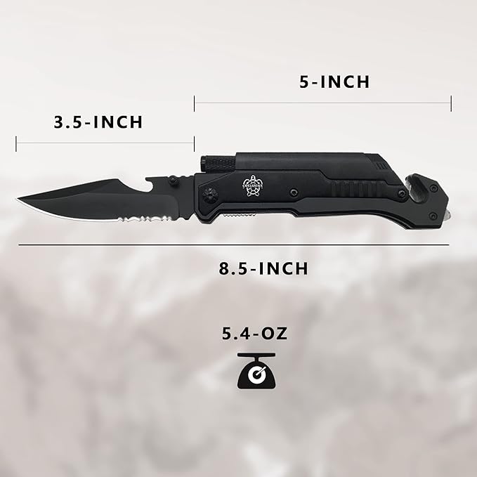8.5" Military Outdoor EDC Camping Pocket Knife, 7 in 1 Multi-Function Folding Knives with Fire Starter LED Light Seatbelt Cutter Glass Breaker Bottle Opener Tactical Blade (Black)