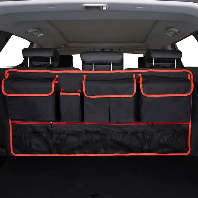Mandark Car Trunk Organizer, Super Capacity Vehicle Hanging Backseat Cargo Storage Bag with Robust Elastic Net, Detachable Auto Seat Back Organizing Bag, Universal for SUV, Truck, RV(Black/Red)