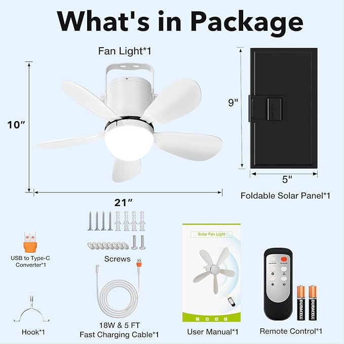 21” Solar Ceiling Fan Light with Foldable Solar Panel, Portable Solar Camping Fan Light Outdoor with Remote, Battery Operated Canopy Hanging Fan, for Outside Tent Porch Patio RVs Pergola