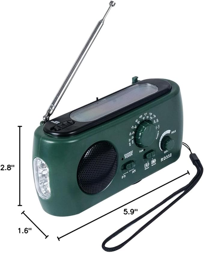 Emergency Radio with Solar and Crank Charger, 3 LED Flashlight Battery and USB Recharging FM/AM Radio 500mAh Power Bank Mobile Phone Charger for Recreational Camping Hiking Survival (Green)