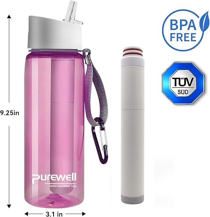 Purewell Filtered Water Bottle BPA Free with 5-Stage Integrated Filter Straw for Camping, Hiking, Backpacking and Travel (Pink)