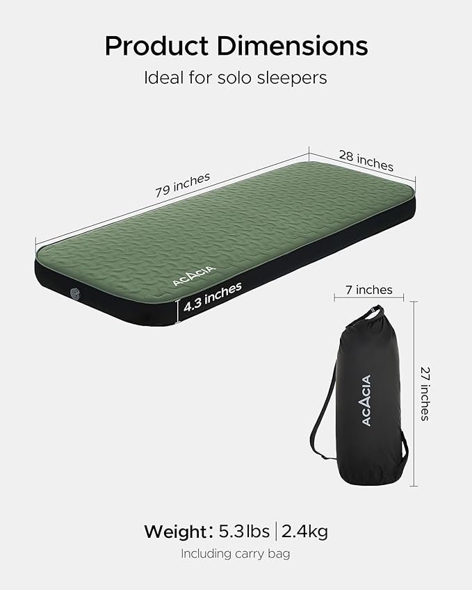 Acacia 4" Thick Self Inflating Sleeping Pad with Foam, Innovative Y-Shaped Telescopic Structure, Ultraportable Camping Air Mattress with Pump Sack, Easy Roll Up Sleep Bed for Travel Tent Car