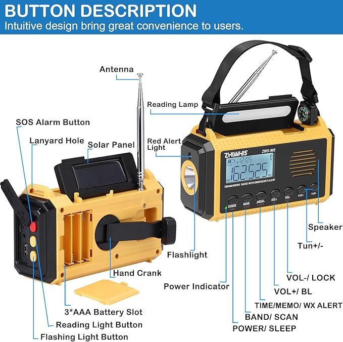 ZHIWHIS Emergency Radio with Auto NOAA Alerts, 10000mAh AM FM SW Weather Radios, Hand Crank/Solar/SOS/Flashligh/Reading Lamp/Timer Portable Receiver with Preset, for Emergencies ZWS-905