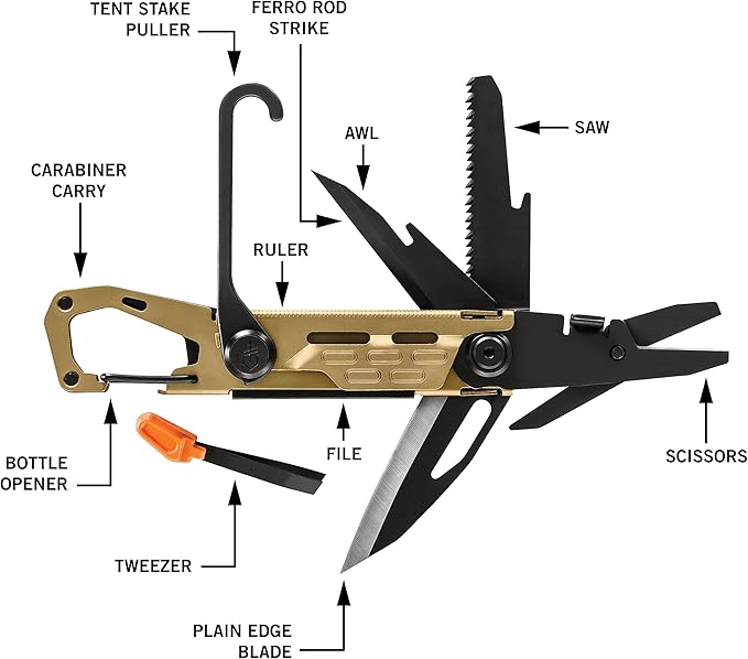Gerber Gear Stake Out 11-in-1 Multi-tool - 2.2" Plain Edge Blade, Tent Stake Puller, Carabiner Carry - EDC Gear and Equipment - Bronze
