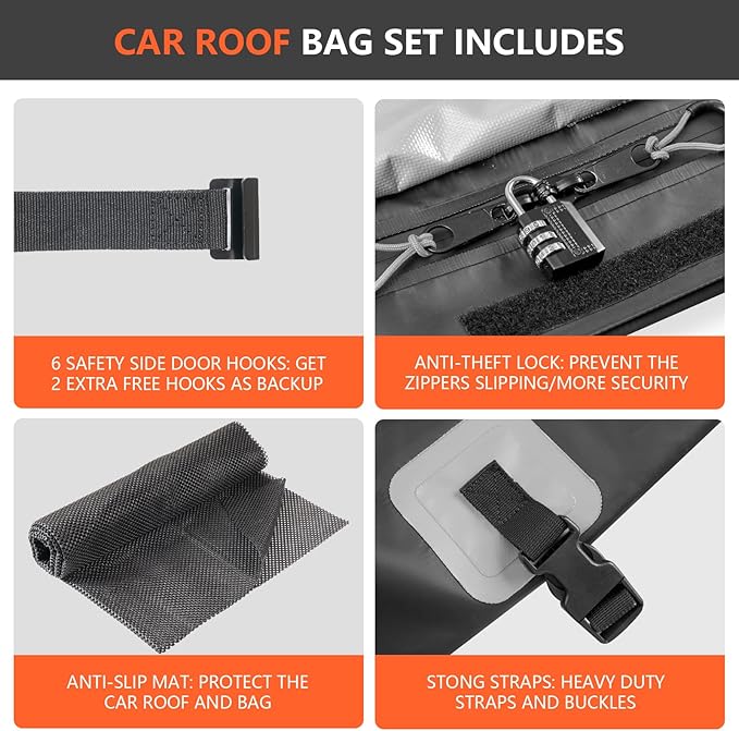 Car Rooftop Cargo Carrier Bag, 30 Cubic Feet Car Roof Cargo Carrier Bag Waterproof for All Vehicle with/Without Rack, Include Anti-Slip Mat, 2 Reinforced Straps, 6 Door Hooks, Luggage Lock