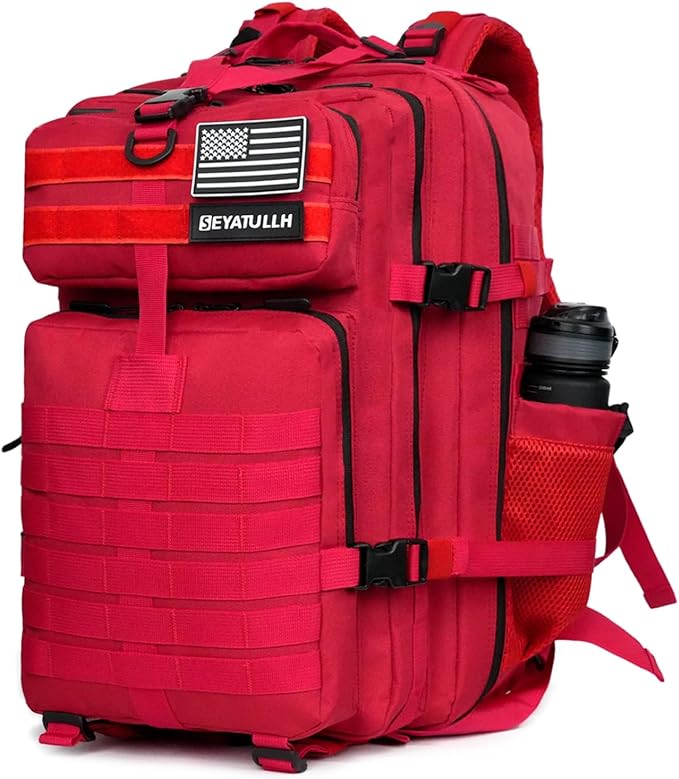 45L Military Tactical Backpack for Men & Women Bug Out Bag Assault pack Molle Daypack Hiking Trekking Rucksack (2.0 side pockets (red))