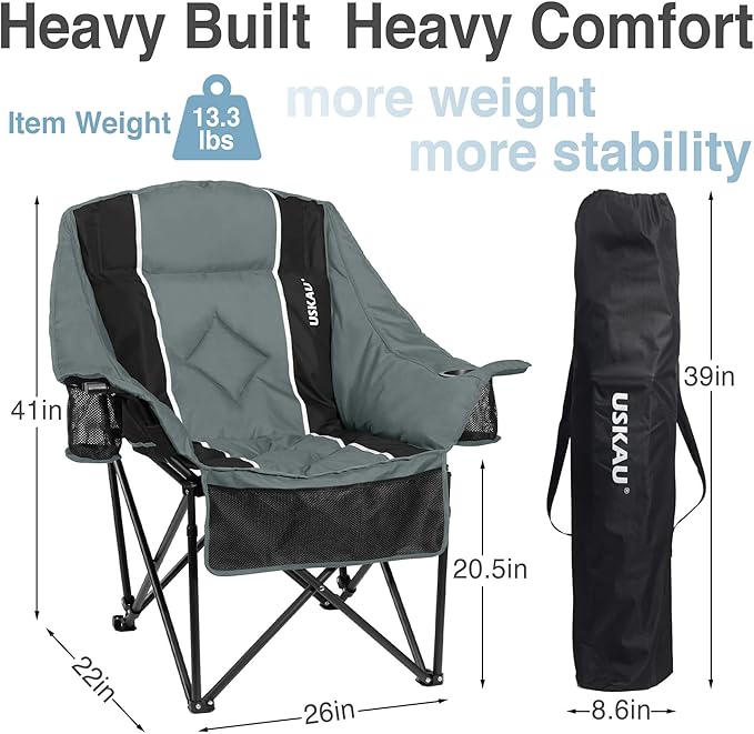 Oversized Camping Chair for Adults - Heavy Duty 400 lbs Padded Folding Chair with Wine Glass Holder, 2 Cup Holders & Side Pockets, Portable Carry Bag for RV, Tailgating, Lawn