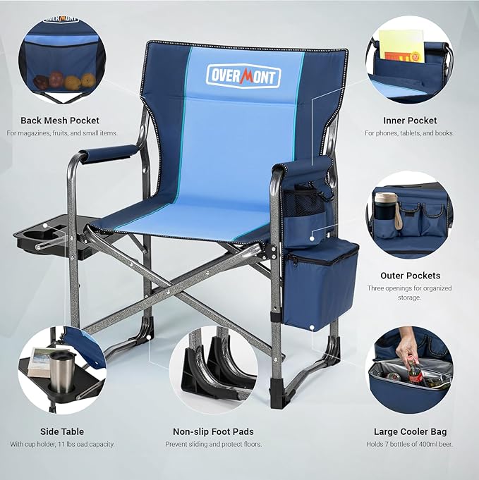 Overmont 2PCS Oversized Lightweight Camping Chair - Portable Comfortable Heavy Duty Foldable Directors Chairs with Side Table & Cooler Bag for Outside Camp Beach Picnic Lawn and Fishing Support 400lbs