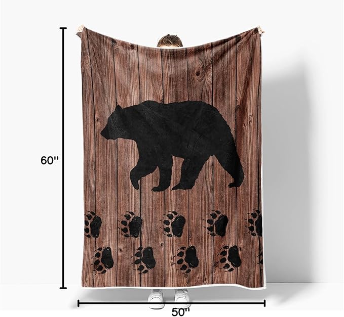Torich Cabin Bear Throw Blankets, Rustic Lodge Brown Wooden Country Hunting Wild Animal Cozy Warm Bed Couch Blanket, White Fleece Flannel Throws to Decorate The Room and Bedroom Travel