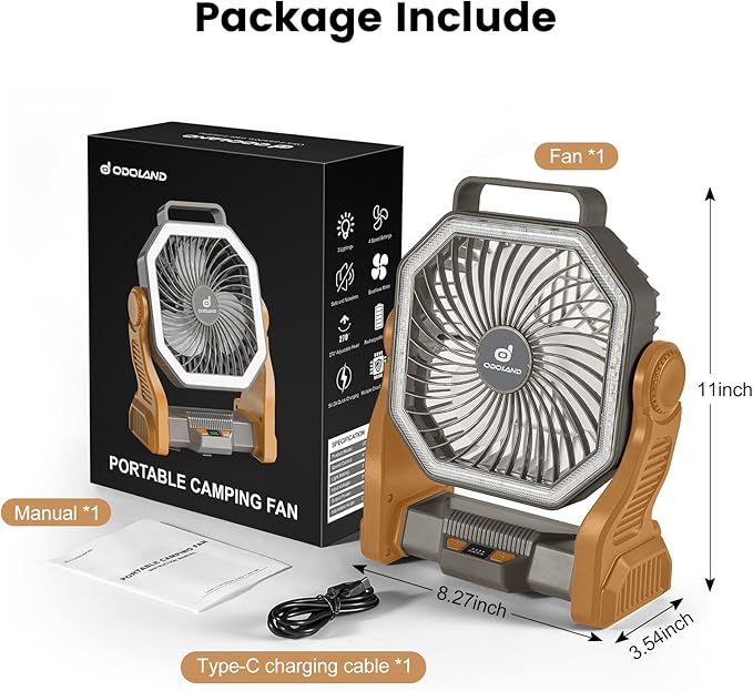Odoland Rechargeable Camping Fan, 20000mAh Battery Fans with LED Lantern for Tent Car Beach Storm, Portable Light Desk Cooling Fan for Picnic Power Outage Hurricane, Brown