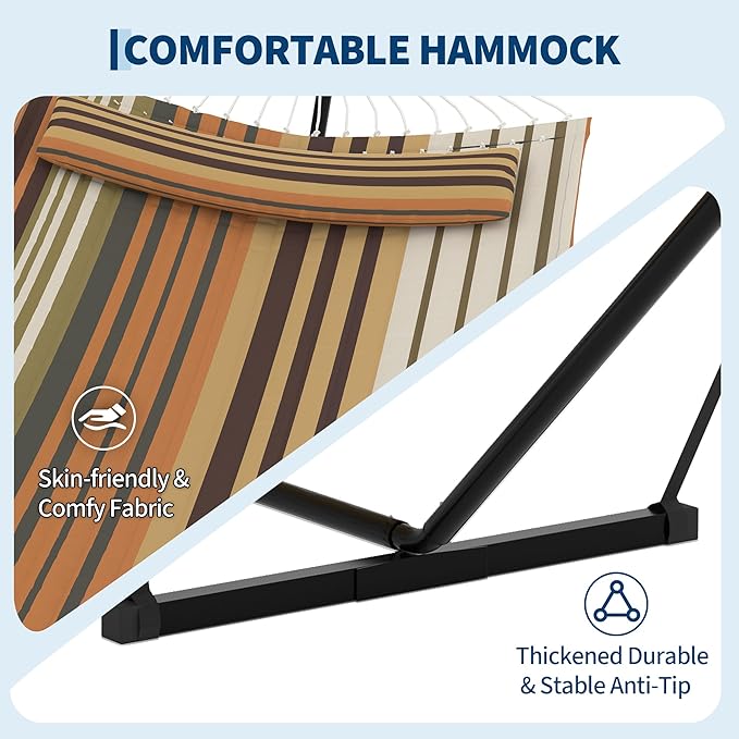 Garvee 2 Person Hammock with Stand for Outside, Double Hammock with Stand and Pillow, Max 450 Lbs Capacity with Balance Rope, Large Hammock for Outdoor Patio Backyard Poolside