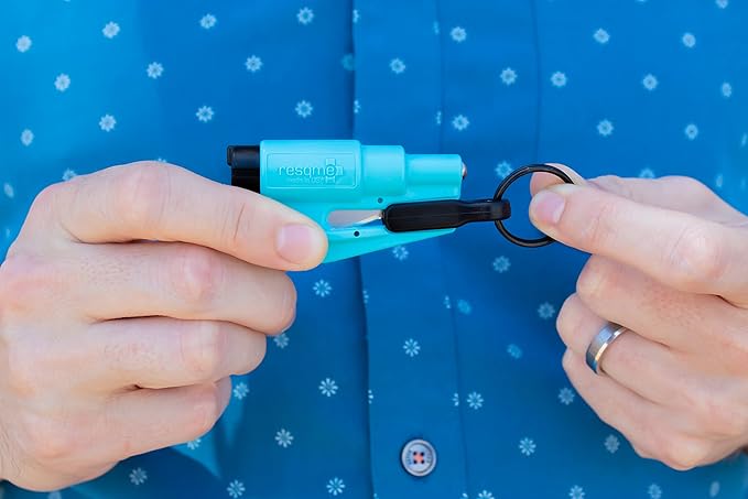resqme The Original Emergency Keychain Car Escape Tool, 2-in-1 Seatbelt Cutter and Window Breaker, Made in USA, Teal - Compact Emergency Hammer