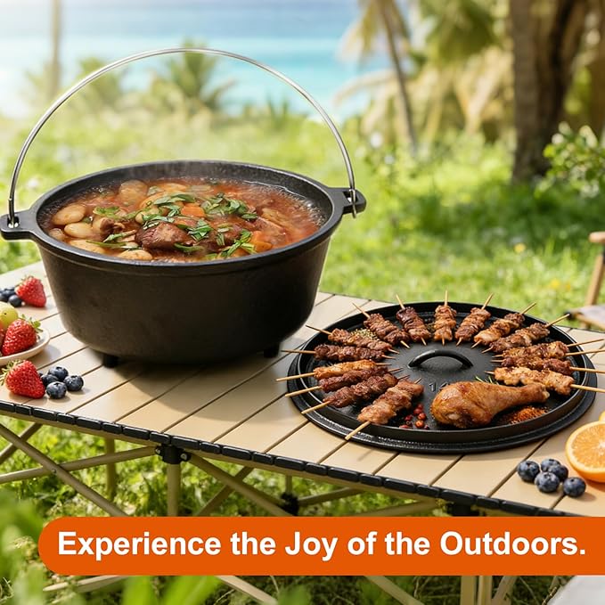 10 QT Pre-Seasoned Cast Iron Camp Dutch Oven with Lid, Large Camping Dutch Oven Pot with Tripod Stand, incl. Lid Lifter - Dual Handles - for Outdoor Campfire, Grill, Oven&Stovetop Cooking - Black