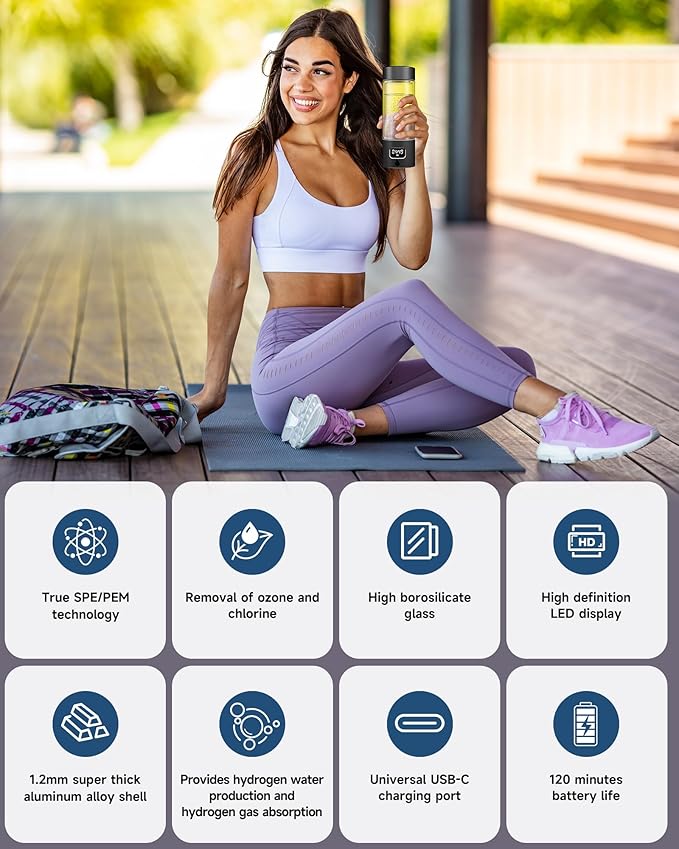 340ml Portable Hydrogen Water Bottle Generator with PEM-SPE Technology, Glass Exterior & Aluminum Shell, Produces 5000 ppb Hydrogen in 10 Minutes, for Home, Gym, Office & Travel