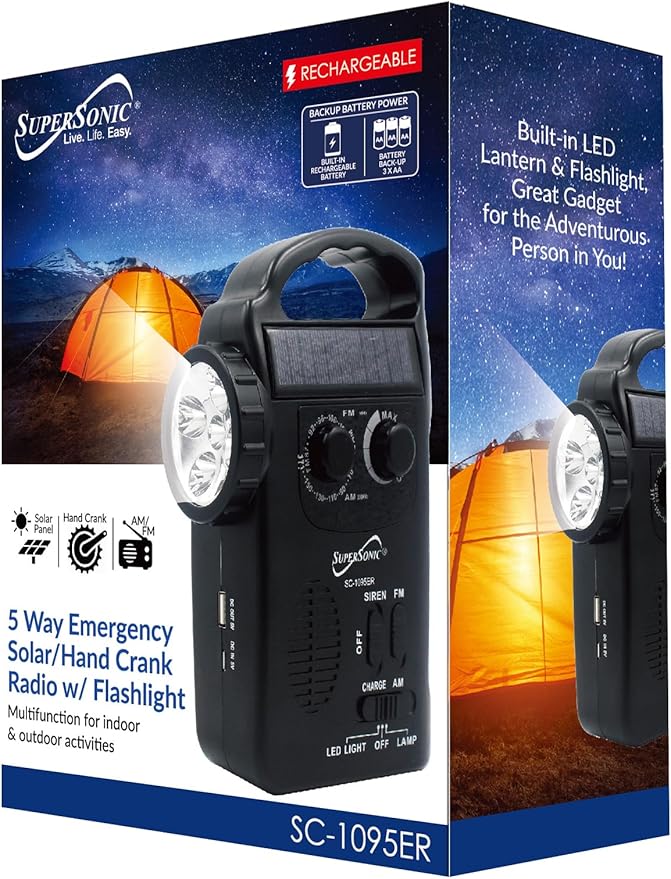 Supersonic SC-1095ER Emergency Solar/Hand Crank Radio w/Flashlight, 3 Power Supplies, Emergency Lantern, Speaker, AM/FM Radio, Solar Panel, Hand Generator, SOS Alarm, Phone Charger, 3xAA Compatible