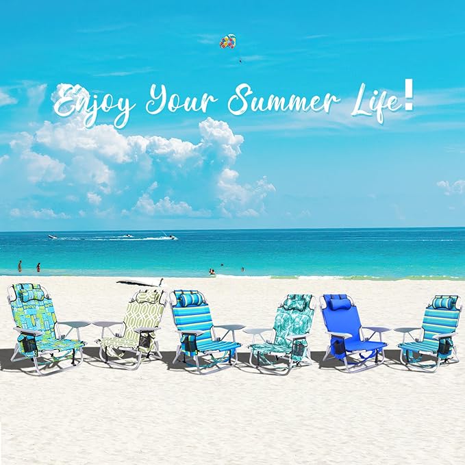 Portable Beach Chair for Adults, Outdoor Camping Chair Lay Flat Folding Backpack Beach Reclining Chair with 5 Positions, Headrest, Cup Holder, Heavy Leaf