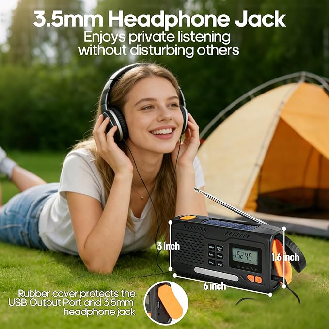 Emergency Crank Radio with NOAA Weather -Alert 7400 mWh Solar Hand Crank Portable AM/FM Radio, Rechargeable Battery USB Charger Flashlight LCD Screen Headphone Jack for Home Outdoor Hurricane Survival