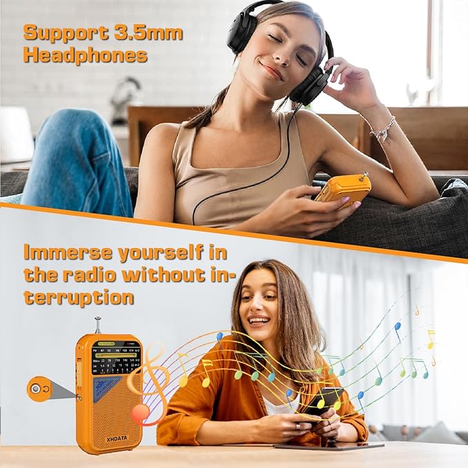 XHDATA D221 NOAA Weather Radio Portable AM FM Shortwave Radio Receiver, 2 AA Battery Operated, Transistor Radio with Excellent Reception for Emergency, Hurricane, Gift, Walking and Home (Orange)