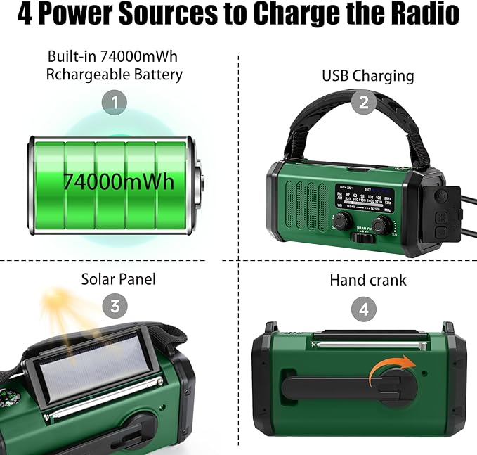 QAUYYW Hand Crank Emergency Radio,74000mWhSolar Powered Hand Crank Portable NOAA AM FM Weather Radio with 3Mode Flashlight and Reading Light,Cell Phone Charger,Home and Emergency Distress Signall