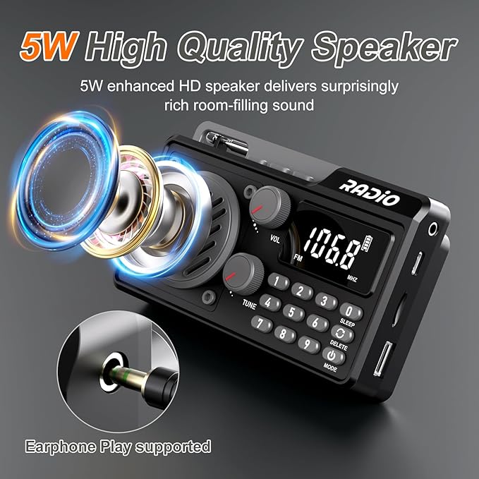 Portable Radio AM FM 1500mAh Rechargeable with Best Reception, Transistor shortwave Radio Wireless Bluetooth Speaker, with Large LCD Screen, Support TF Card U Disk, Earphone, Sleep Timer (Black)